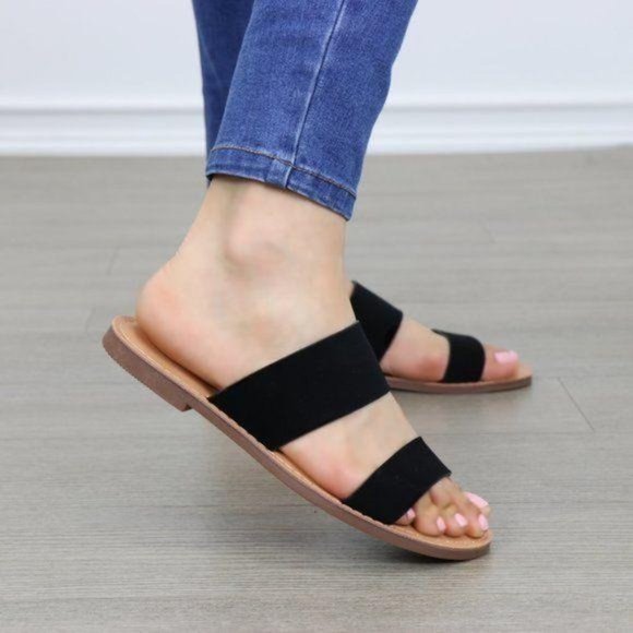 Slip On 2 Strap Flat slider Sandal Black Velvet - Picture 9 of 10